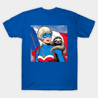 Francais: Female 70's Comic Book Hero with Sloth T-Shirt